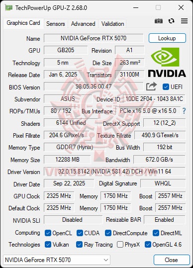 gpuz ASUS PRIME GeForce RTX™ 5070 12GB GDDR7 OC Edition Review