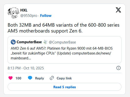 2025 10 16 9 25 20 ลือ!! ซีพียู AMD “Zen 6” รุ่นใหม่ของ AMD จะใช้งานได้ในเมนบอร์ดซีรีส์ 600/800 ที่มี BIOS ทั้งขนาด 32 MB และ 64 MB 