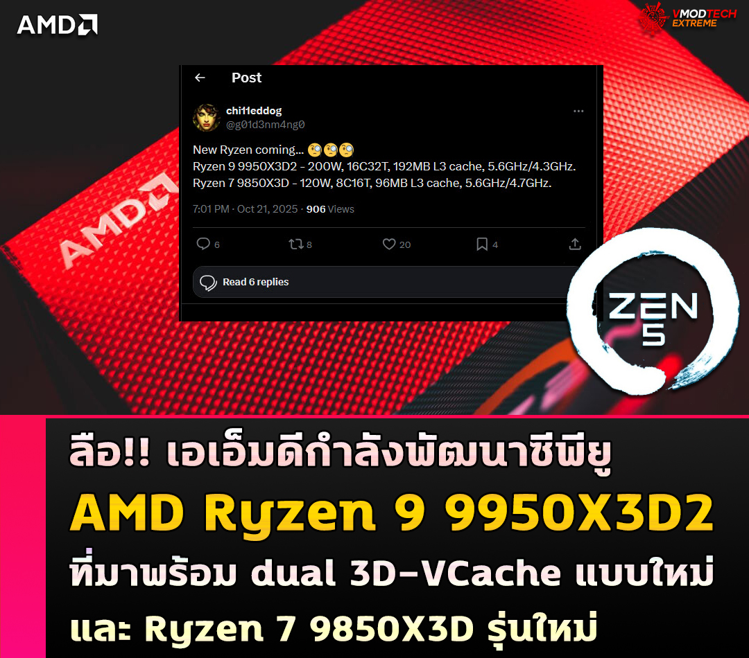 ลือ!! เอเอ็มดีกำลังพัฒนาซีพียู AMD Ryzen 9 9950X3D2 ที่มาพร้อม dual 3D-VCache แบบใหม่และ Ryzen 7 9850X3D รุ่นใหม่