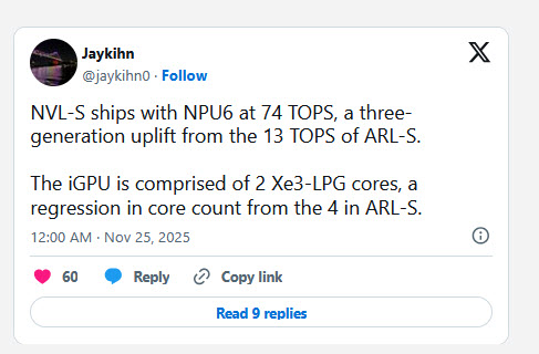 2025 11 25 13 52 10 ลือ!! ซีพียูรุ่นเดสก์ท็อป Core Ultra 400 “Nova Lake S” จะมี NPU6 มากถึง 74 TOPS ที่เร็วกว่า Arrow Lake มากถึง 5 เท่า