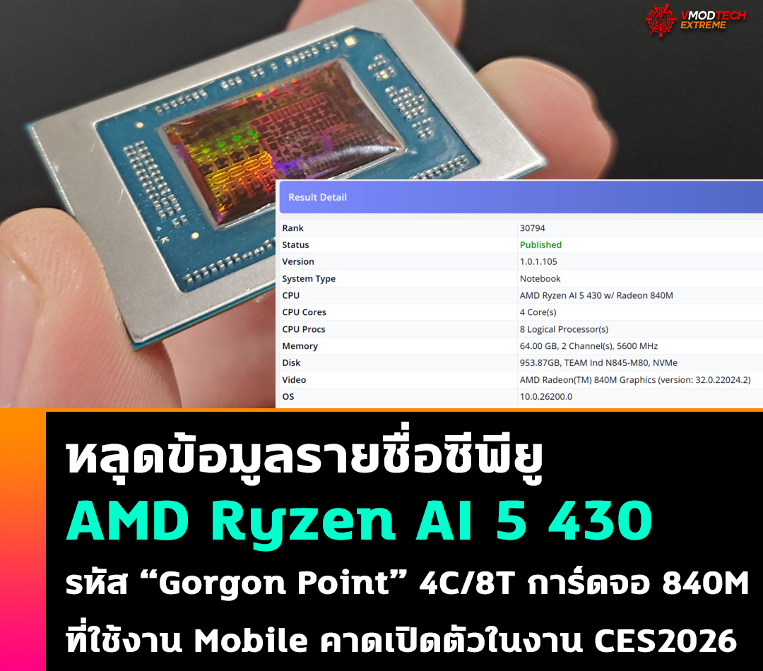พบซีพียู APU รุ่น Mobile ในรุ่น AMD Ryzen AI 5 430 แบบ quad-core 4C/8T รหัส“Gorgon Point” พร้อมอัปเกรด Radeon 840M คาดเปิดตัวปี 2026 ในงาน CES2026 