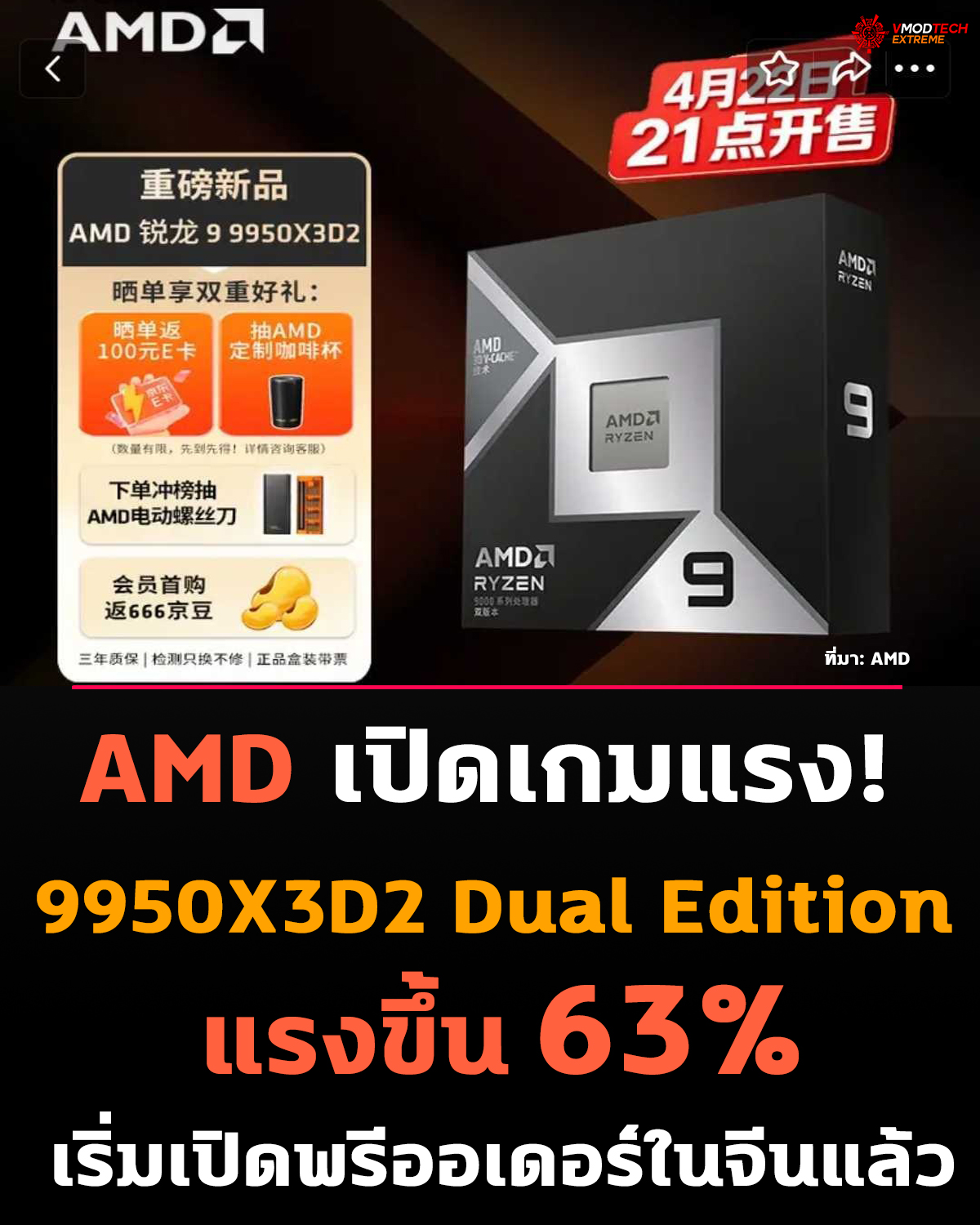 AMD เปิดเกมแรง! Ryzen 9 9950X3D2 Dual Edition เริ่มเปิดพรีออเดอร์ในจีนแล้ว