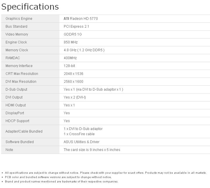 spec1 ASUS Radeon HD 5770 1GB Voltage Tweak Edition
