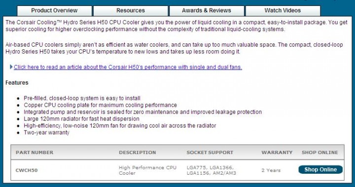spec corsair Corsair  H50 Cooler