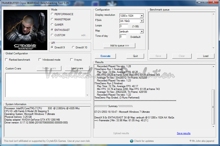 crys dx9 Palit Geforce GTX470 1280MB DDR5 Overclock Test