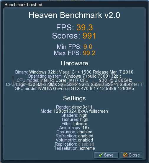 heven result Palit Geforce GTX470 1280MB DDR5 Overclock Test