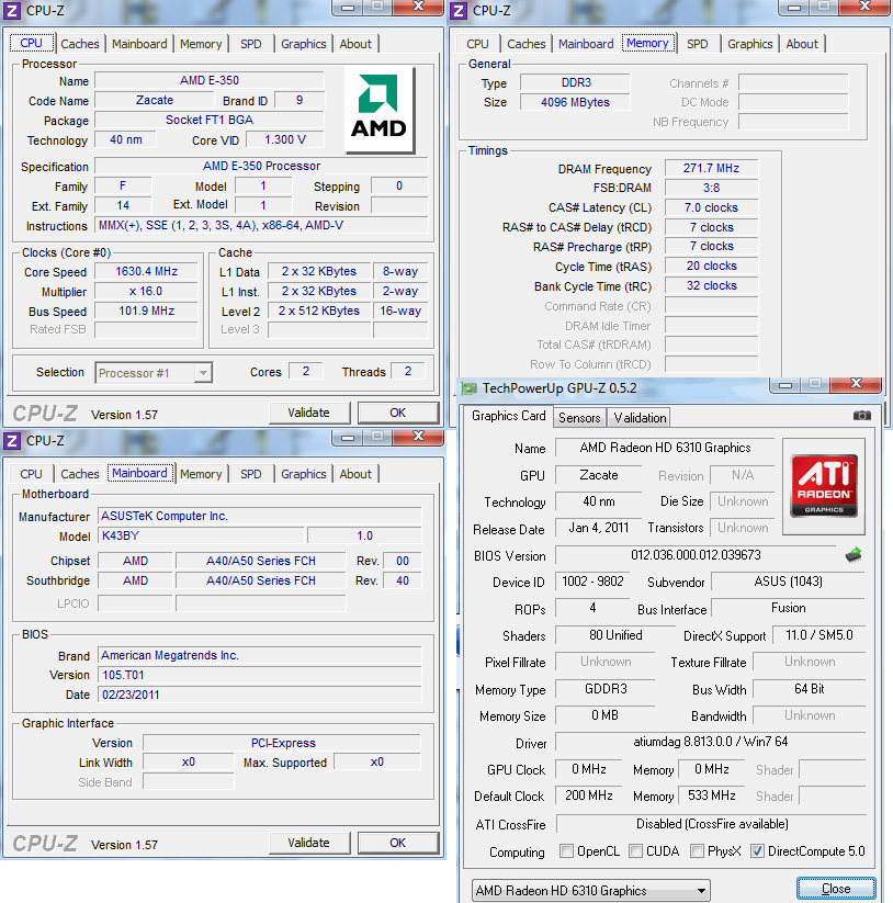 cpuz Review : Asus K43BY (AMD Fusion E 350 APU)