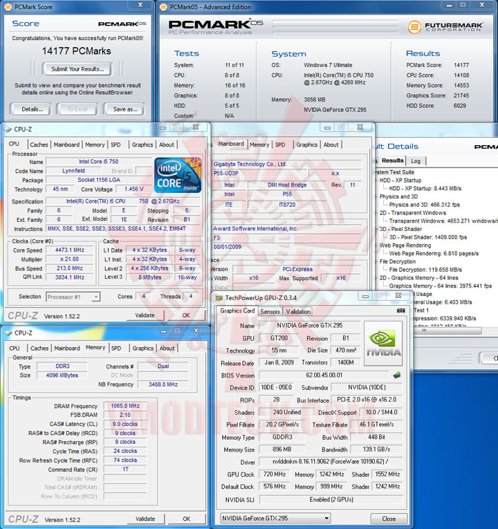 pcmark05 213 Intel Core i5 750 GIGABYTE P55 UD3P overclocking test