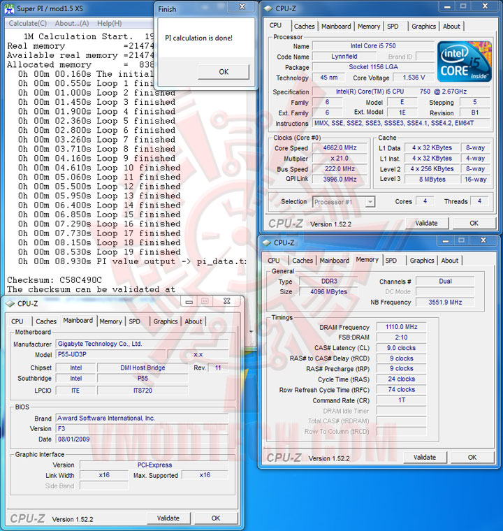 pi1m max Intel Core i5 750 GIGABYTE P55 UD3P overclocking test