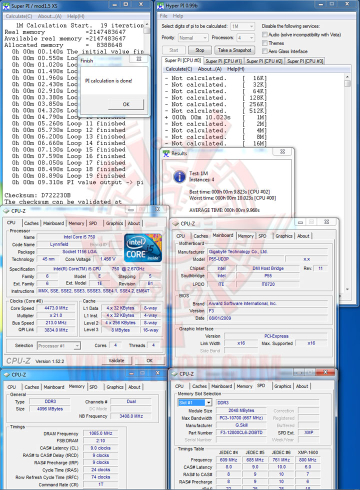 pi1m8 Intel Core i5 750 GIGABYTE P55 UD3P overclocking test