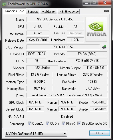 cpuz default EVGA GeForce GTS 450 1024GB GDDR5 Review
