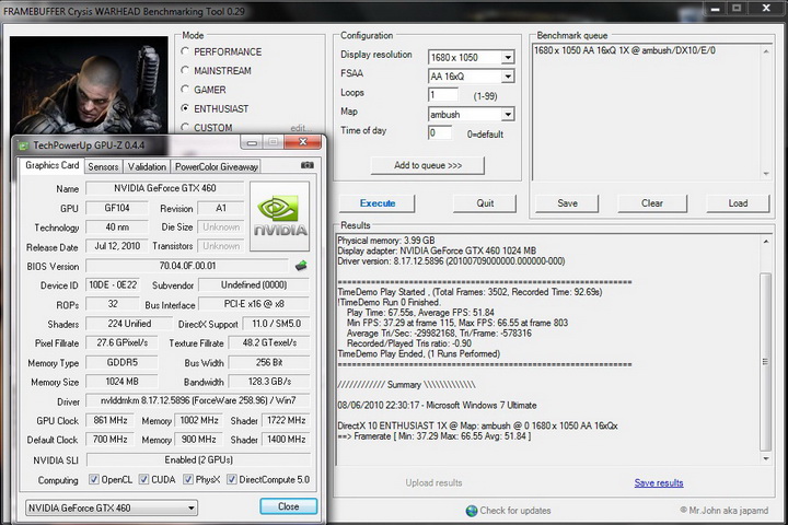 crysis2 2 story Palit Geforce GTX460 1024MB SLI Overclock Test