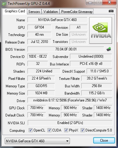 gpuz Palit Geforce GTX460 1024MB SLI Overclock Test
