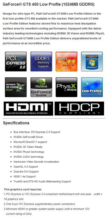 spec 355x720 REVIEW:PALIT GeForce GTS 450 Low Profile 1GB GDDR5