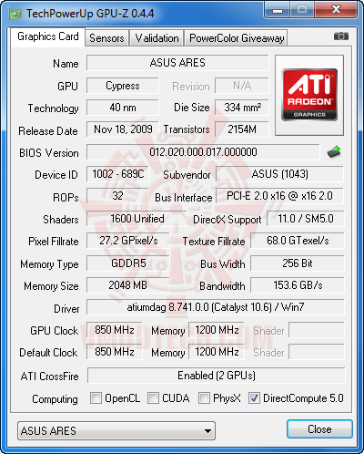 gpuz df ASUS ARES HD 5870 X2 4GB GDDR5 Review