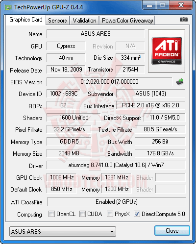 gpuz ov ASUS ARES HD 5870 X2 4GB GDDR5 Review