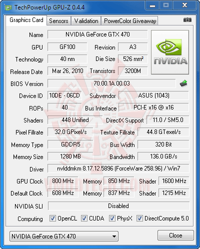 gpuz oc ASUS ENGTX470 GeForce GTX 470 1280MB DDR5 Review