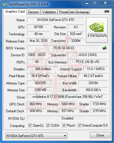 gpuz ov ASUS ENGTX470 GeForce GTX 470 1280MB DDR5 Review