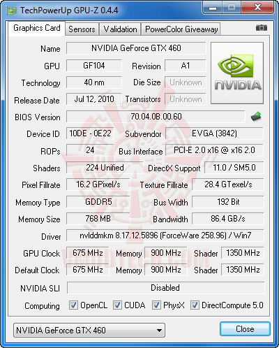 gpuz df EVGA GeForce GTX 460 768MB GDDR5 Review