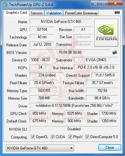 gpuz oc EVGA GeForce GTX 460 768MB GDDR5 Review