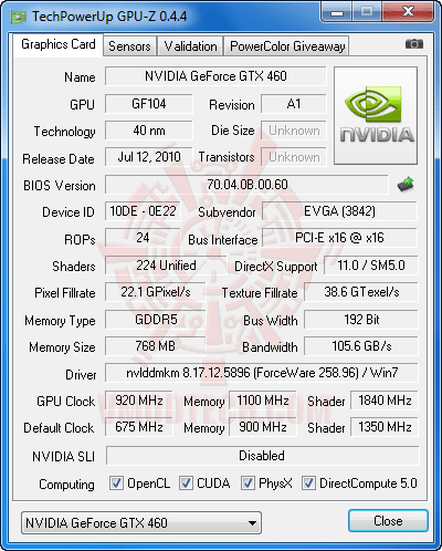 gpuz ov EVGA GeForce GTX 460 768MB GDDR5 Review