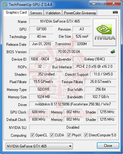 gpu z df GALAXY GeForce GTX 465 1024MB GDDR5 Review