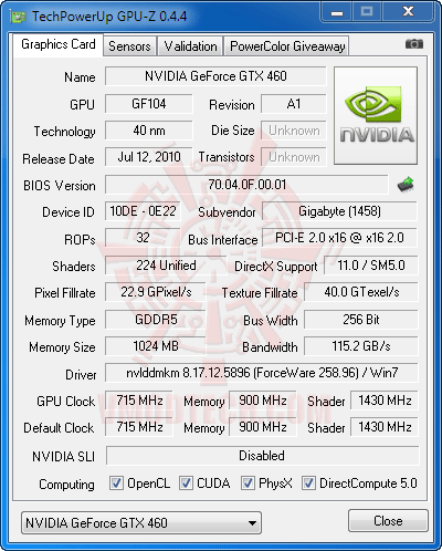 cpuz df GIGABYTE NVIDIA GeForce GTX 460 1024MB DDR5 Review