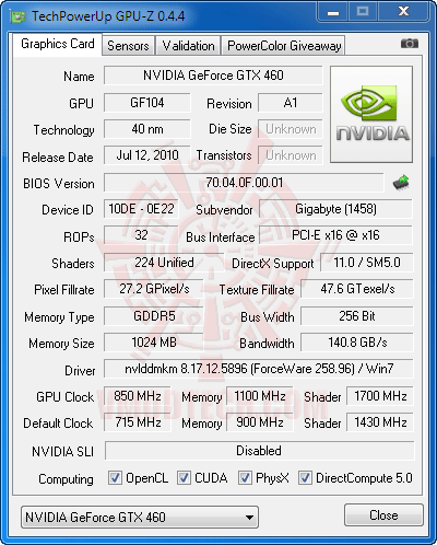 cpuz oc GIGABYTE NVIDIA GeForce GTX 460 1024MB DDR5 Review
