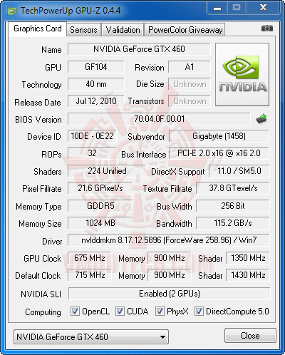 gpuz sli a GIGABYTE NVIDIA GeForce GTX 460 1024MB DDR5 SLI Review