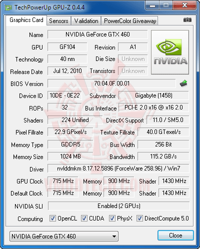 gpuz sli df GIGABYTE NVIDIA GeForce GTX 460 1024MB DDR5 SLI Review