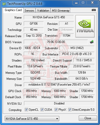 gz df MSI N450GTS CYCLONE IGD5 GeForce GTS 450 1GB GDDR5 Review