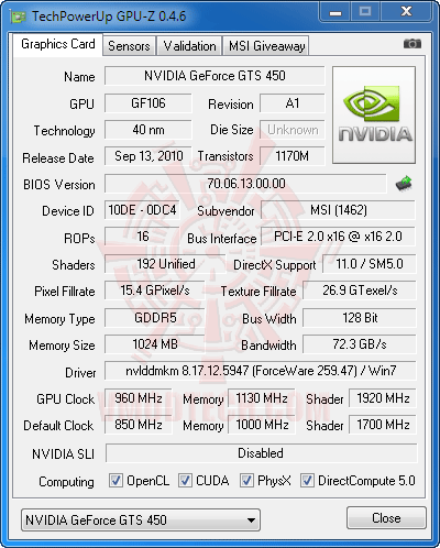 gz ov MSI N450GTS CYCLONE IGD5 GeForce GTS 450 1GB GDDR5 Review