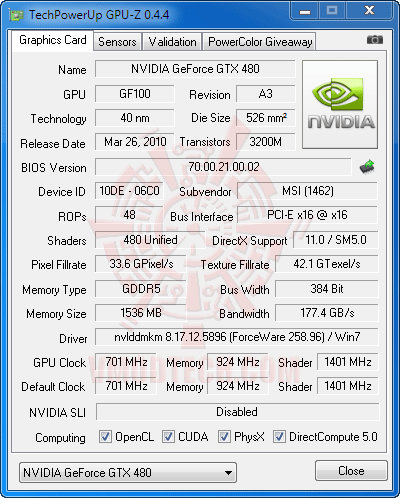cpuz df MSI N480GTX M2D15 GeForce GTX 480 1536MB DDR5 Review