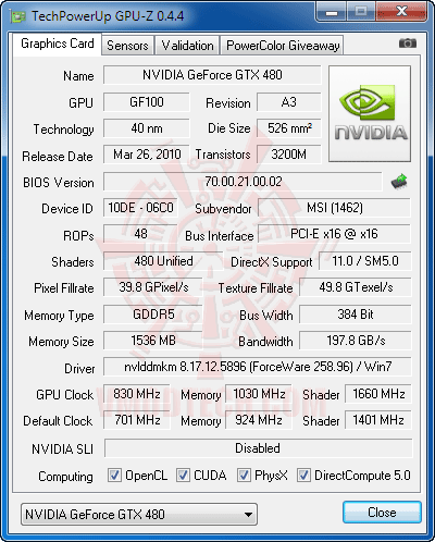 cpuz oc MSI N480GTX M2D15 GeForce GTX 480 1536MB DDR5 Review