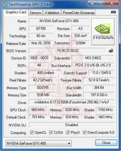 cpuz ov MSI N480GTX M2D15 GeForce GTX 480 1536MB DDR5 Review