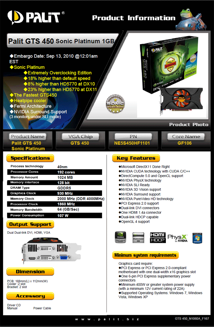 specpalit Palit GeForce GTS 450 Sonic Platinum 1 GB GDDR5 Review