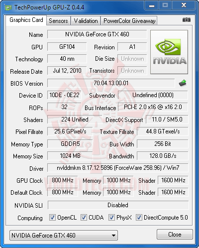 gpuz df Palit GeForce GTX 460 Sonic Platinum 1 GB GDDR5 Review