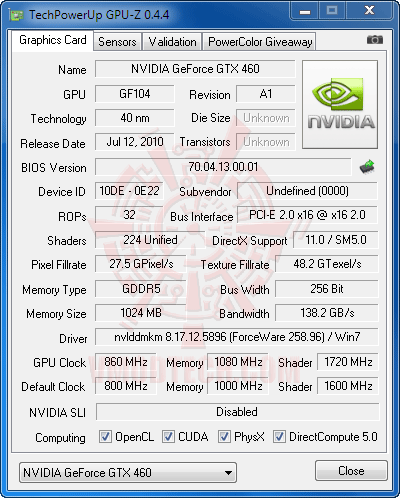 gpuz oc Palit GeForce GTX 460 Sonic Platinum 1 GB GDDR5 Review