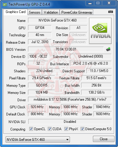 gpuz ov Palit GeForce GTX 460 Sonic Platinum 1 GB GDDR5 Review