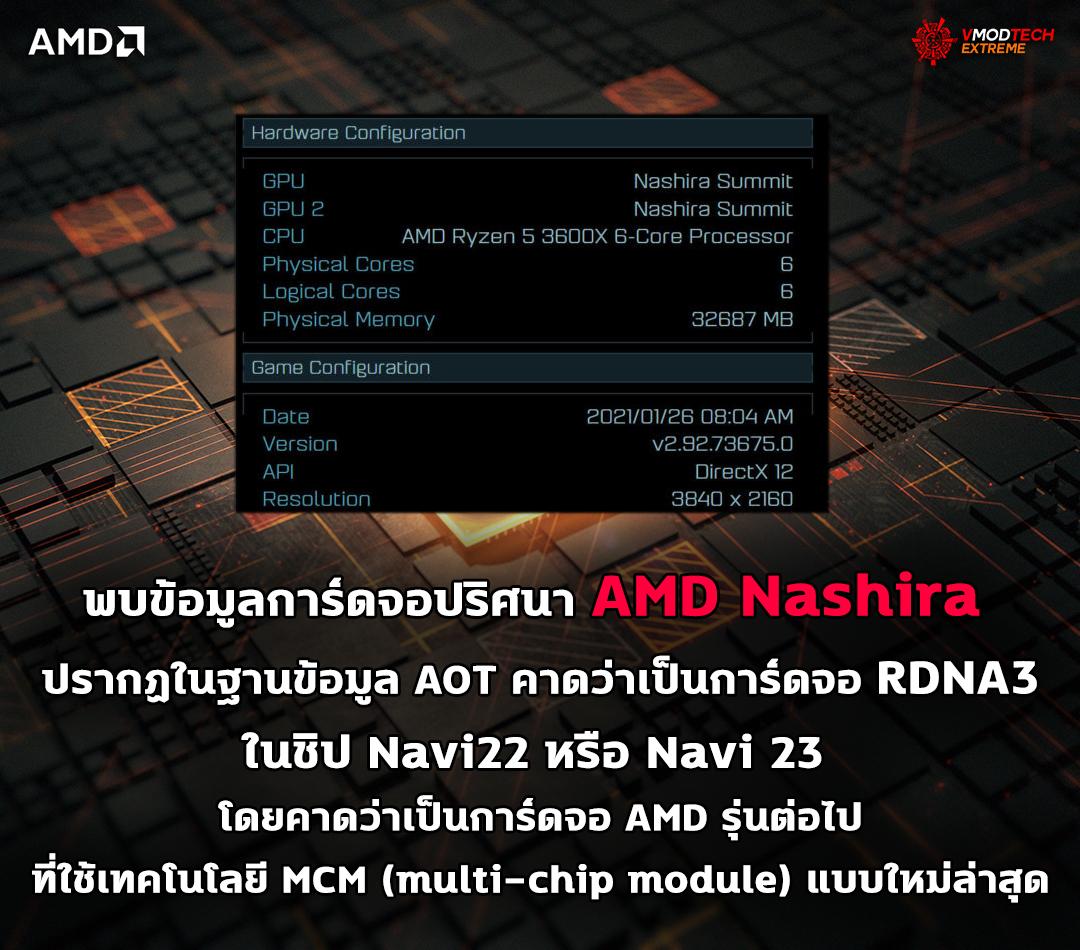 amd nashira rdna31 พบข้อมูลการ์ดจอปริศนา AMD Nashira ปรากฏในฐานข้อมูล AOT คาดว่าเป็นการ์ดจอ RDNA3 ที่ใช้เทคโนโลยี MCM (multi chip module) รุ่นใหม่ล่าสุดรุ่นต่อไปที่ยังไม่เปิดตัวของทาง AMD 