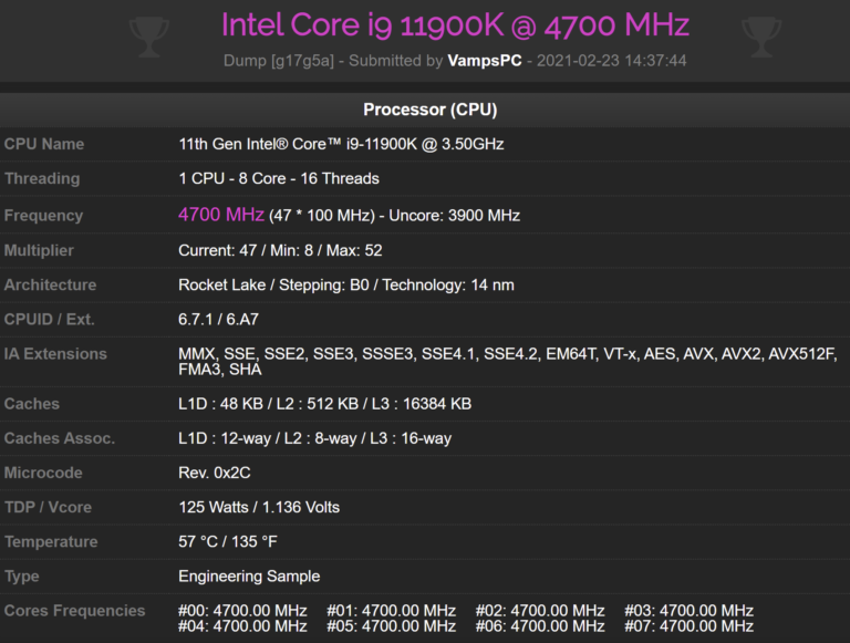 intel core i9 11900k 47 ghz cpuz performance 768x581 หลุดผลทดสอบ Intel Core i9 11900K ในโปรแกรม CPU Z benchmark 