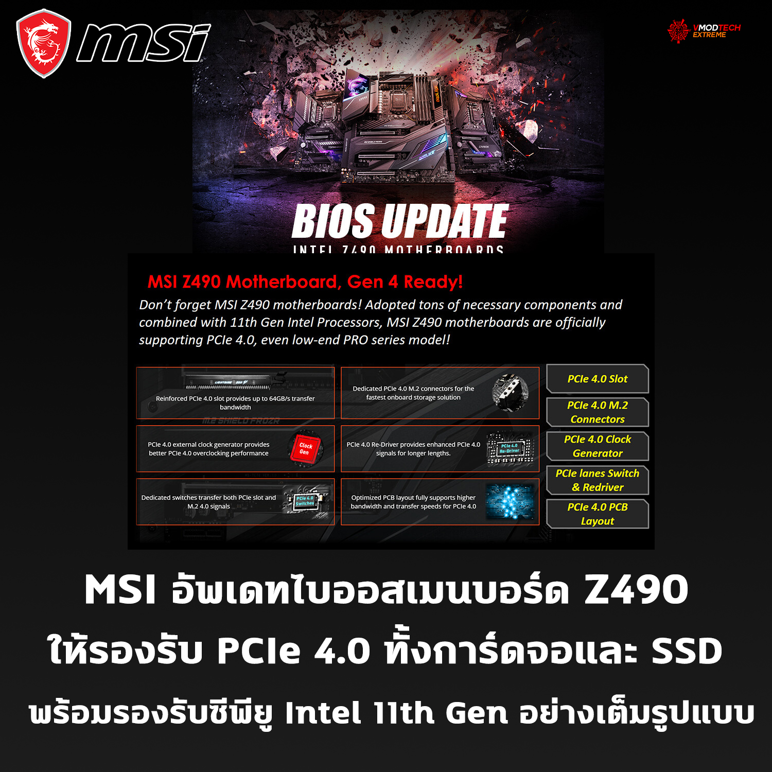 เมนบอร์ด Z490 ของทาง MSI อัพเดทไบออสรองรับ PCIe 4.0 ทั้งการ์ดจอและ SSD พร้อมรองรับการทำงานซีพียู Intel 11th Gen อย่างเต็มรูปแบบ
