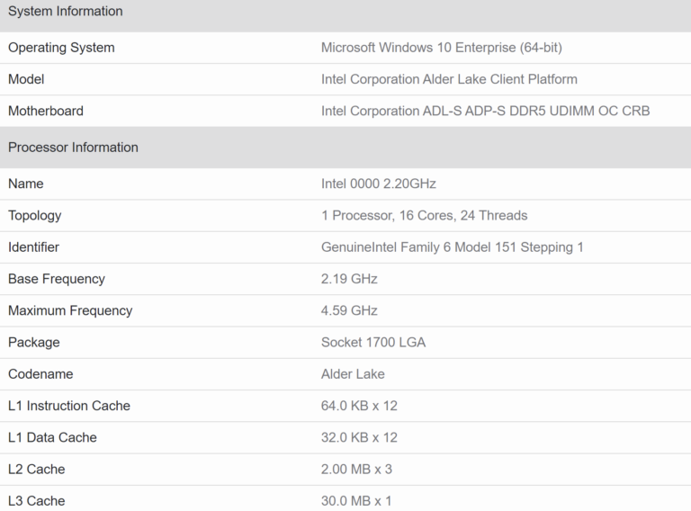 intel-alder-lake-s-cpu-geekbench-768x568 intel alder lake s cpu geekbench 768x568 พบข้อมูลการ์ดจอ Intel DG2 (Xe HPG) มีจำนวนคอร์ 512 Execution โดยเป็นการ์ดจอในตัวซีพียู Intel Alder Lake S รุ่นที่12