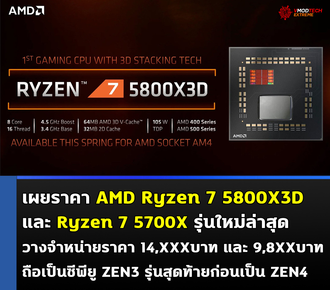 เผยราคา AMD Ryzen 7 5800X3D และ 5700X รุ่นใหม่ล่าสุดวางจำหน่ายในราคา 14,XXXบาท