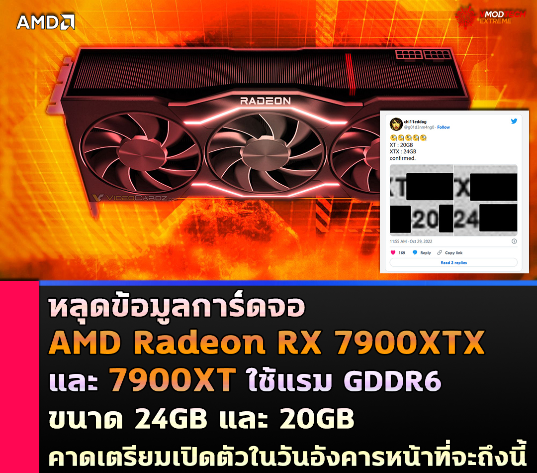 หลุดข้อมูลการ์ดจอ AMD Radeon RX 7900XTX และ 7900XT ใช้แรม GDDR6 ขนาด 24GB และ 20GB คาดเตรียมเปิดตัวในวันอังคารหน้าที่จะถึงนี้ 
