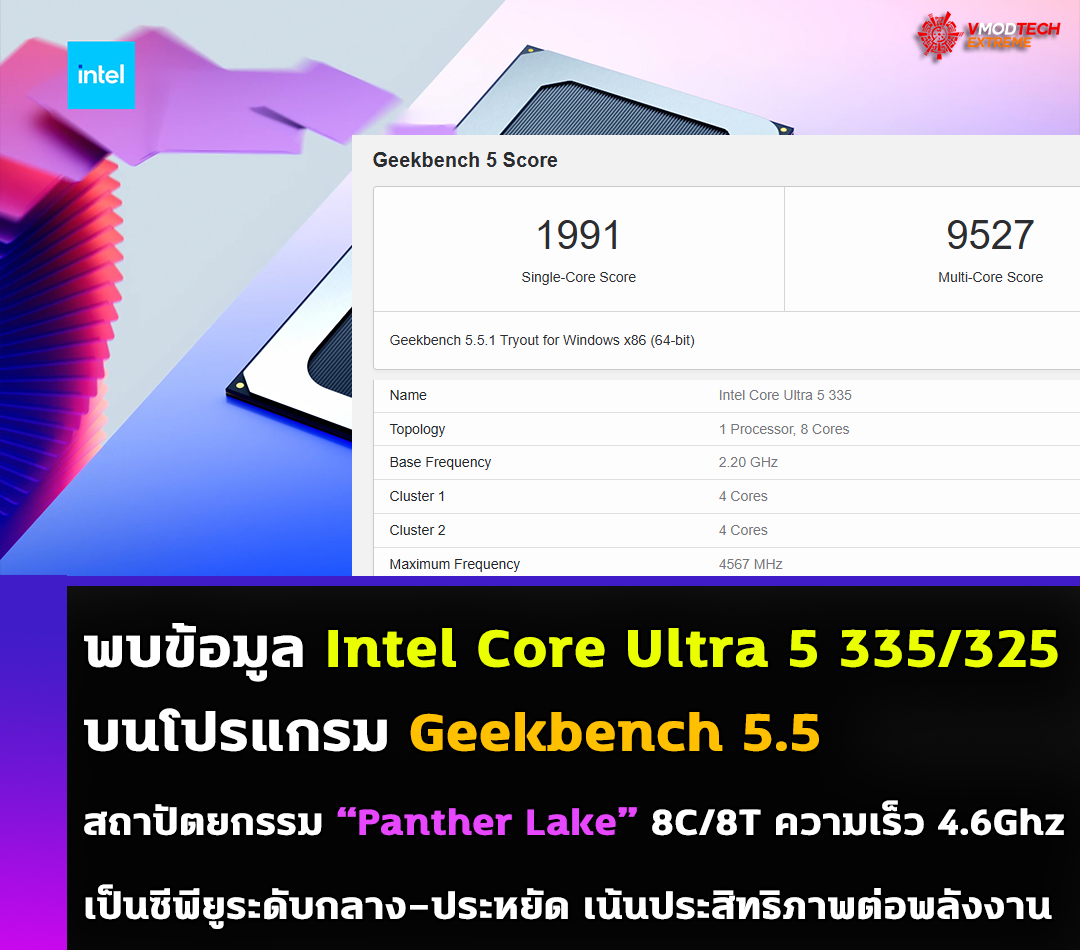 พบข้อมูลซีพียู Intel Core Ultra 5 335 และ 325 บน Geekbench