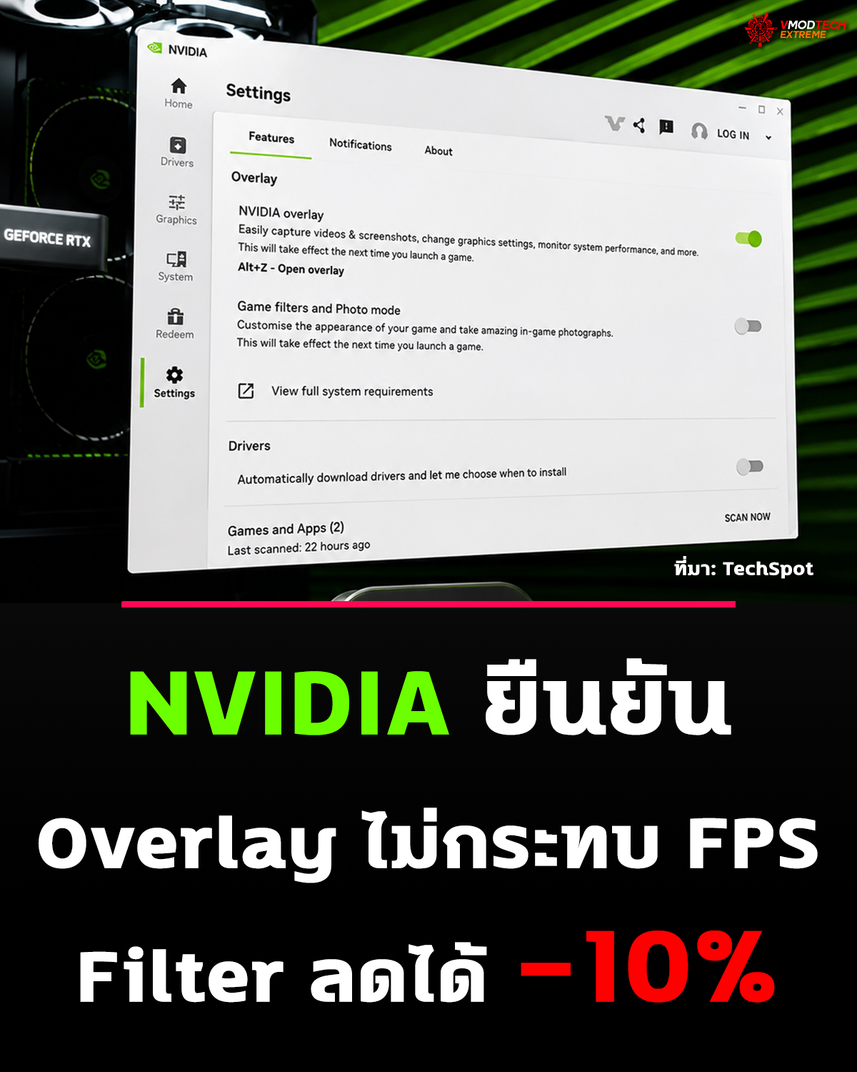 NVIDIA App ไม่กิน FPS แต่ Filter ลดได้ 10%