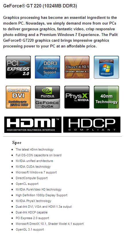 spec 220gtddr3 Palit GT220 DDR3 1024MB Review